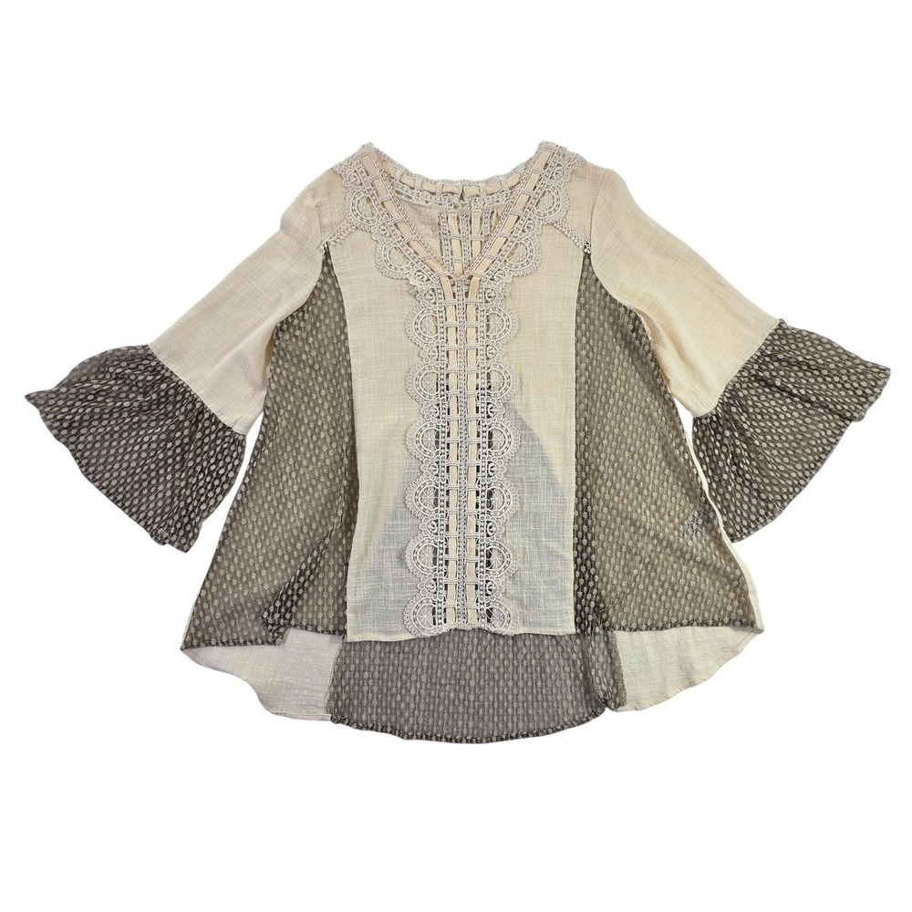 RYU Womens Boho Crochet Lace Mixed Media Bell Sleeve Blouse Top Cream Olive L